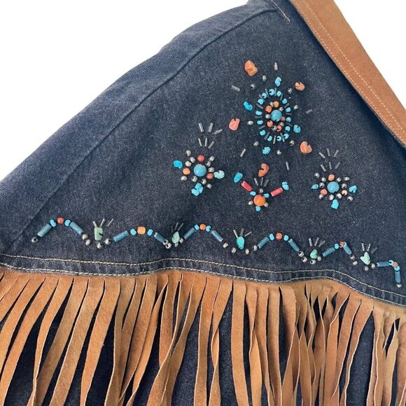 Carole Little Sport Vintage Womens Jacket Size 12 Blue Beaded Denim Leather - Picture 3 of 10